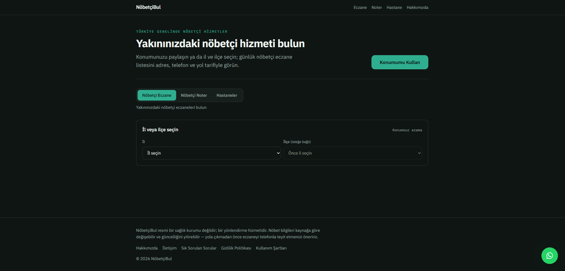 NöbetçiBul nöbetçi eczane platformu ana sayfası